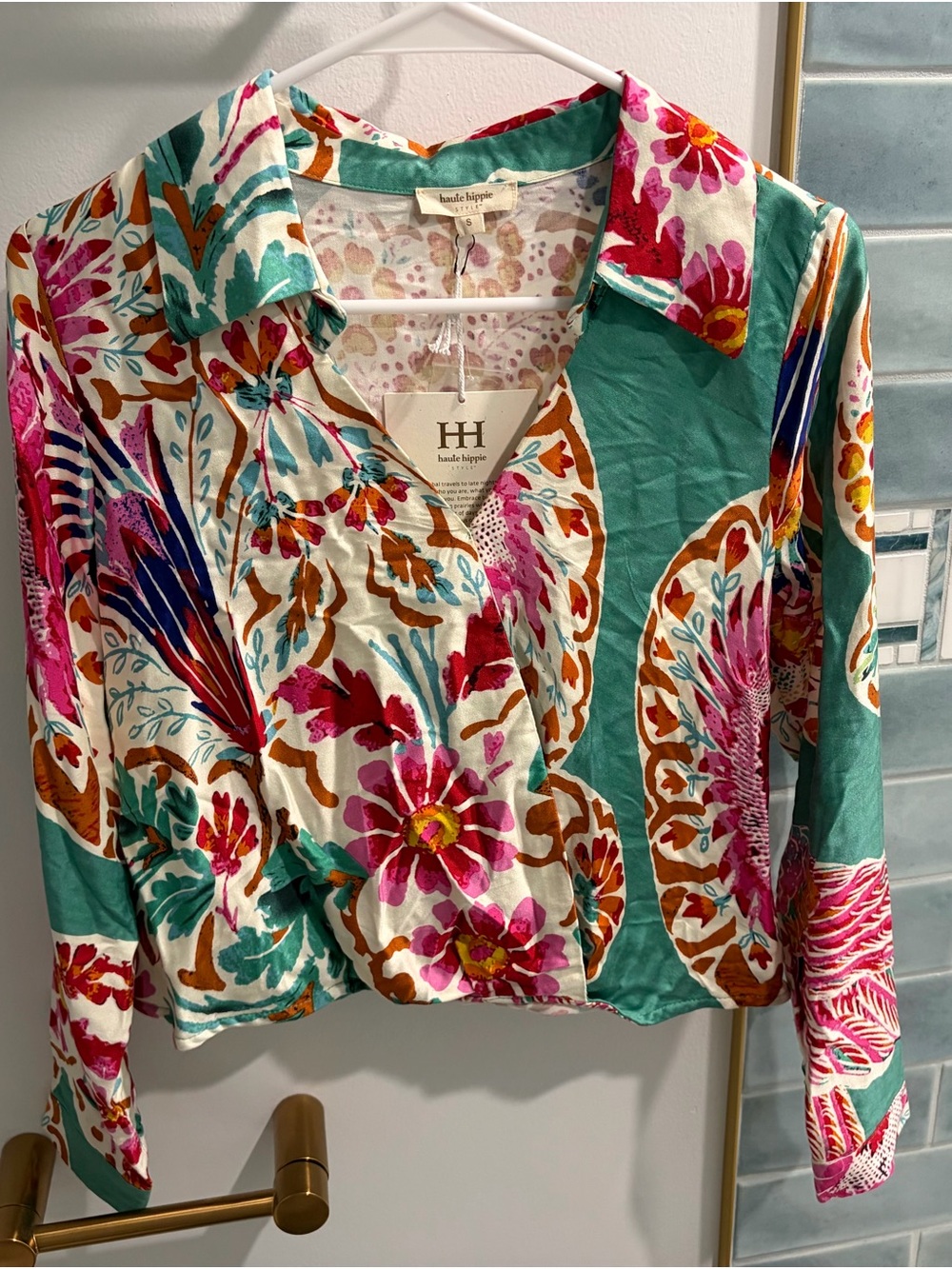 Haute Hippie Teal, Pink & Orange Floral Button-Front Shirt - Size S